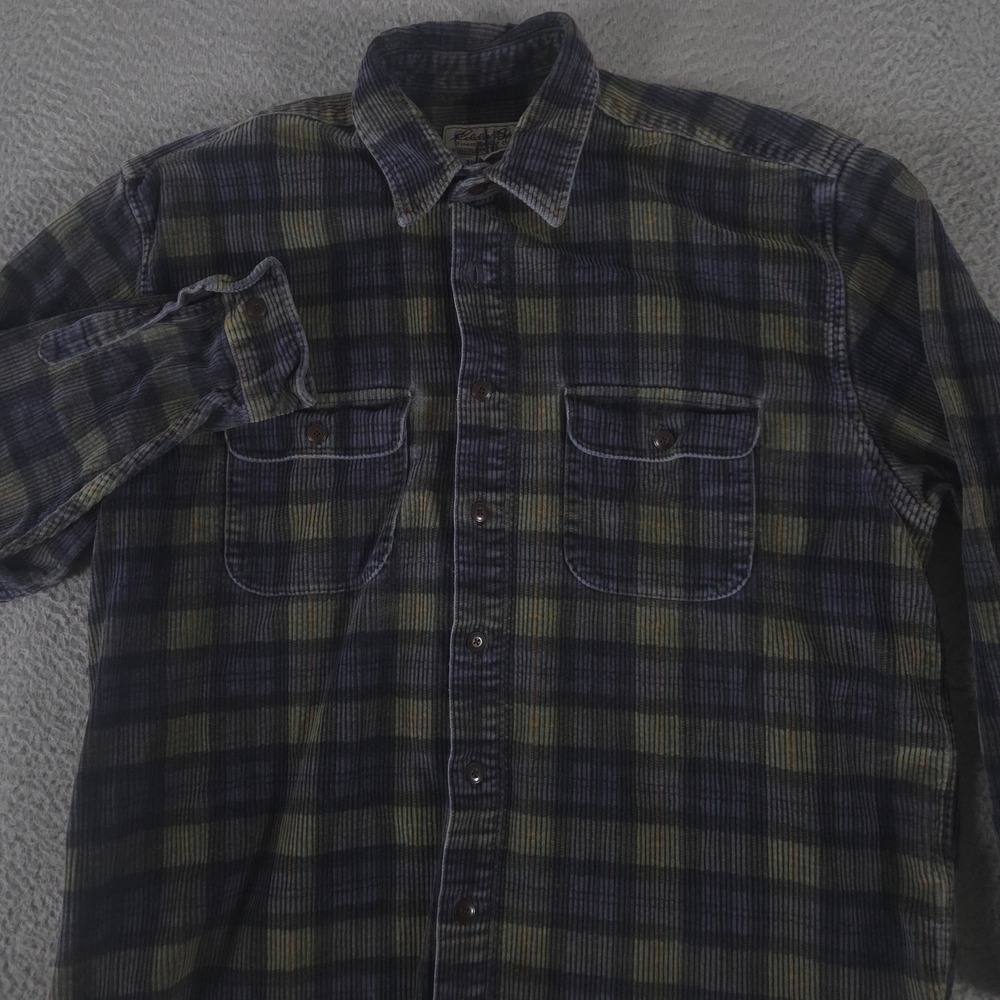 VINTAGE Eddie Bauer Jacket Mens L Blue Green Plaid Corduroy Shirt Shacket 90s